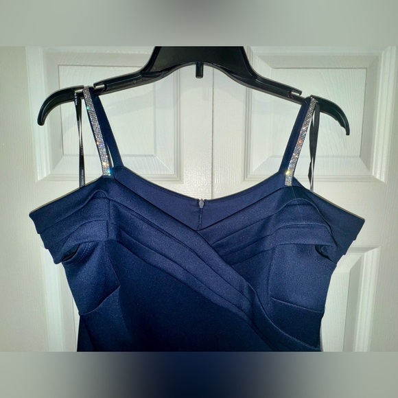 Alexa B Nights Elegant Navy Blue Off-Shoulder rhinestone strap gown Sz. 12P NWT - Picture 3 of 11
